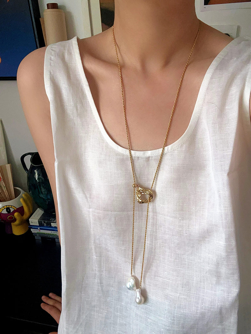 Double Baroque Pearl Y Necklace – Adjustable Long Freshwater Pearl Lariat Necklace with 18K Gold Finish