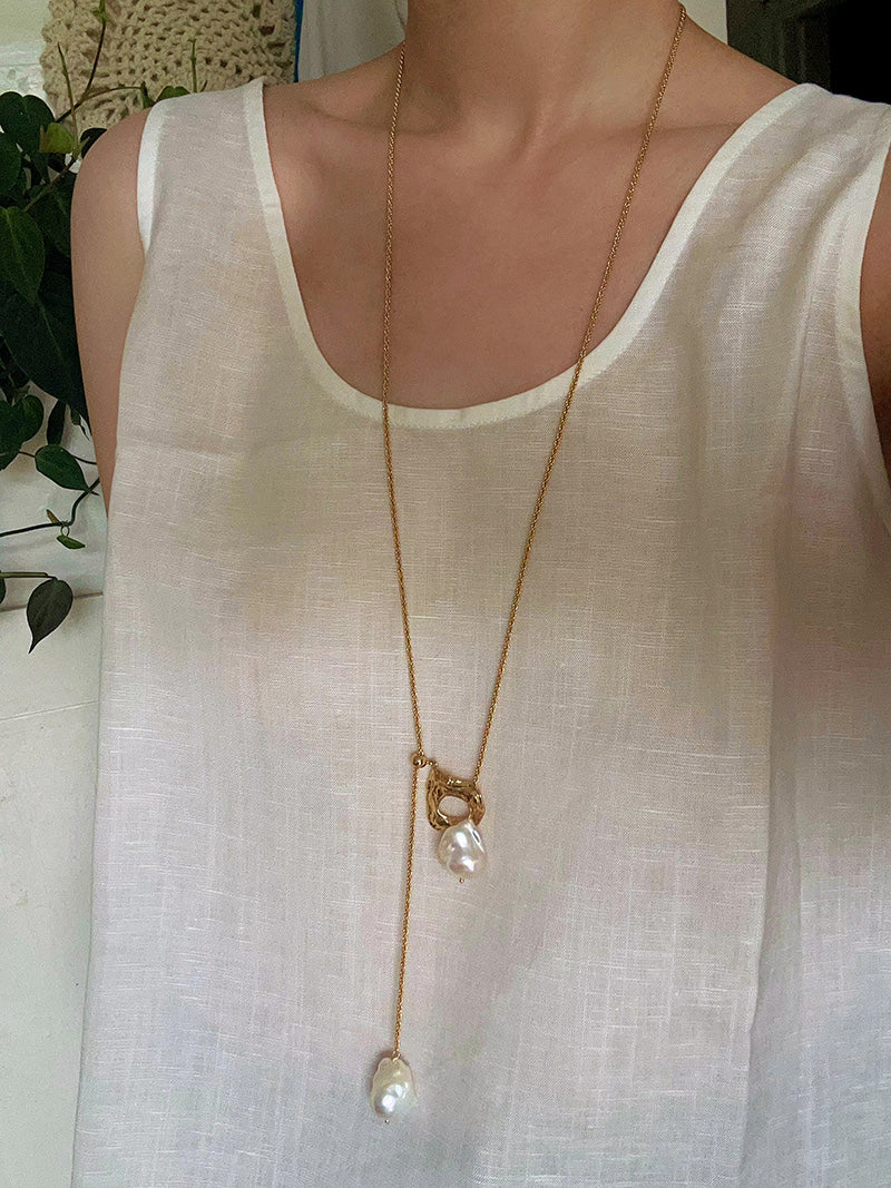 Double Baroque Pearl Y Necklace – Adjustable Long Freshwater Pearl Lariat Necklace with 18K Gold Finish