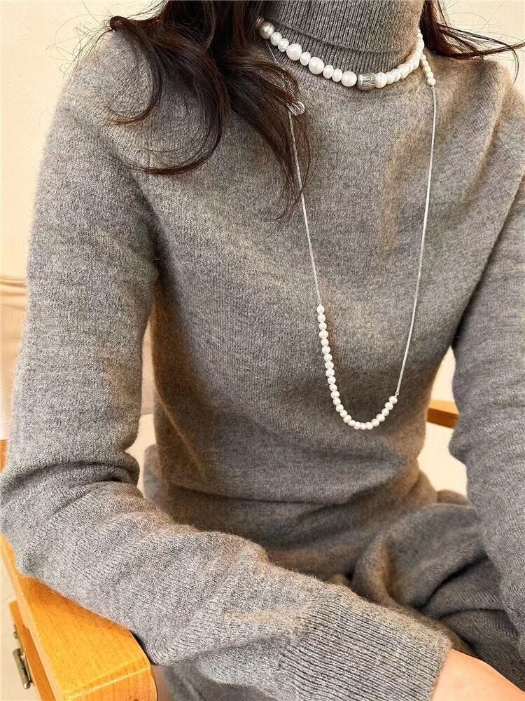 Freshwater Pearl & Silver-Plated Chain Long Necklace, Half Pearl Half Chain Layering Necklace with OT Clasp