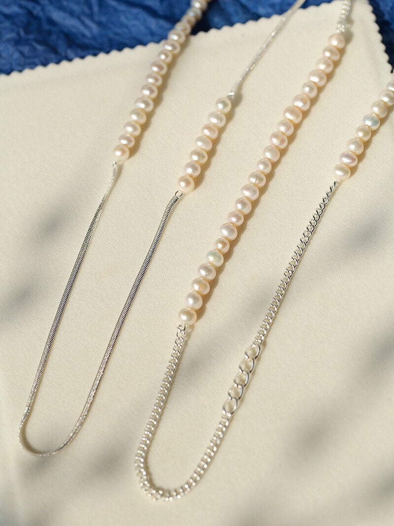 Freshwater Pearl & Silver-Plated Chain Long Necklace, Half Pearl Half Chain Layering Necklace with OT Clasp