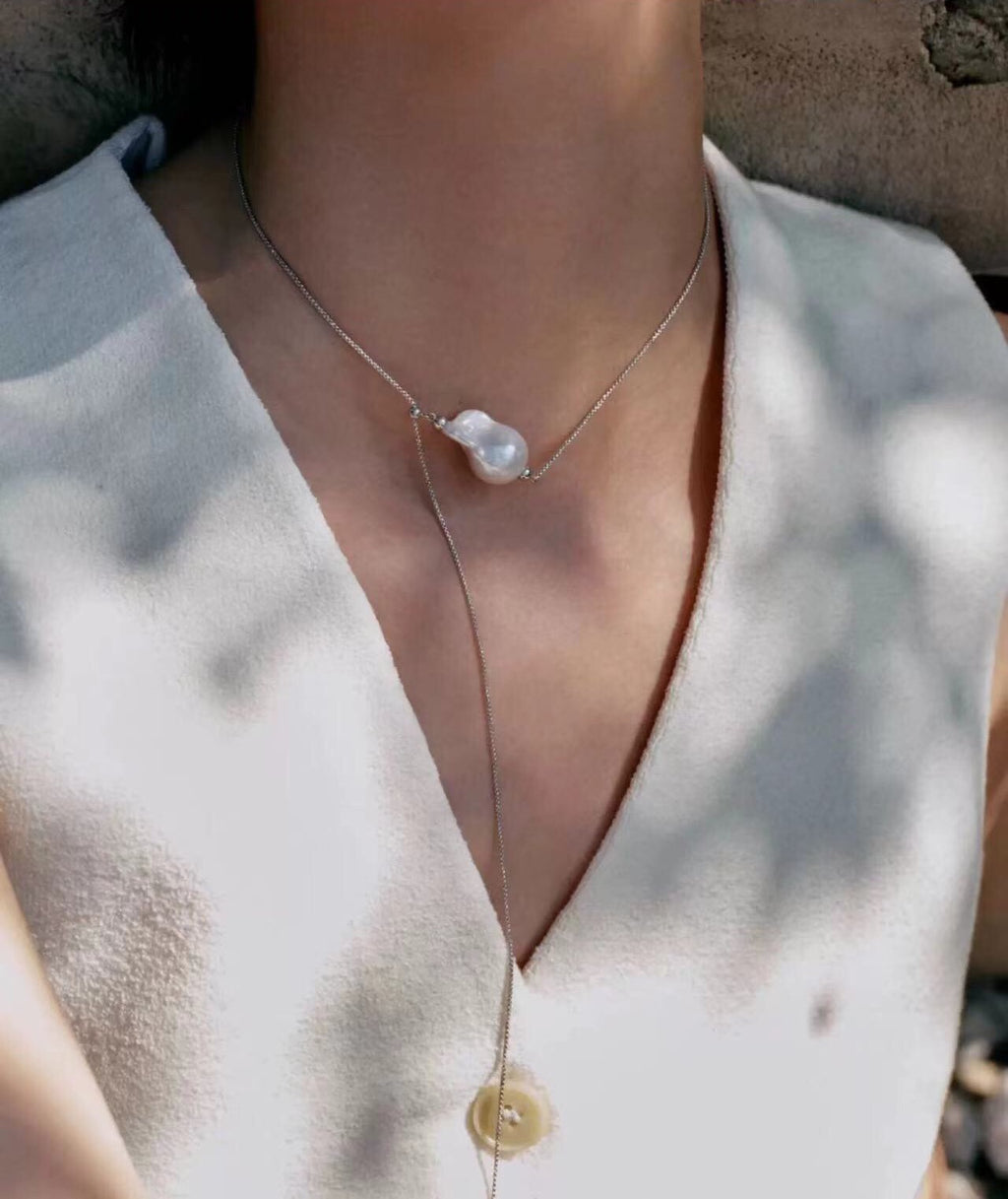 Natural Baroque Pearl Y Necklace, 925 Sterling Silver Lariat Necklace, Adjustable Snake Chain Minimalist Pearl Pendant Necklace for Women