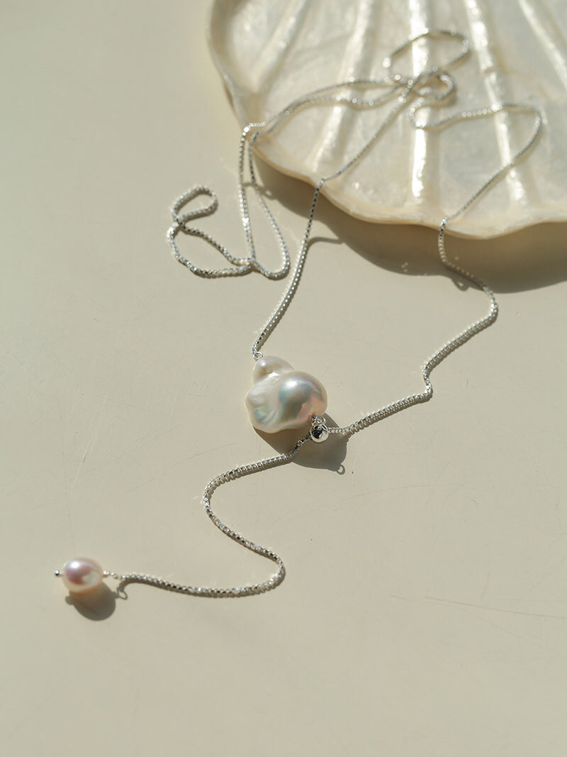 Natural Baroque Pearl Y Necklace, 925 Sterling Silver Lariat Necklace, Adjustable Snake Chain Minimalist Pearl Pendant Necklace for Women