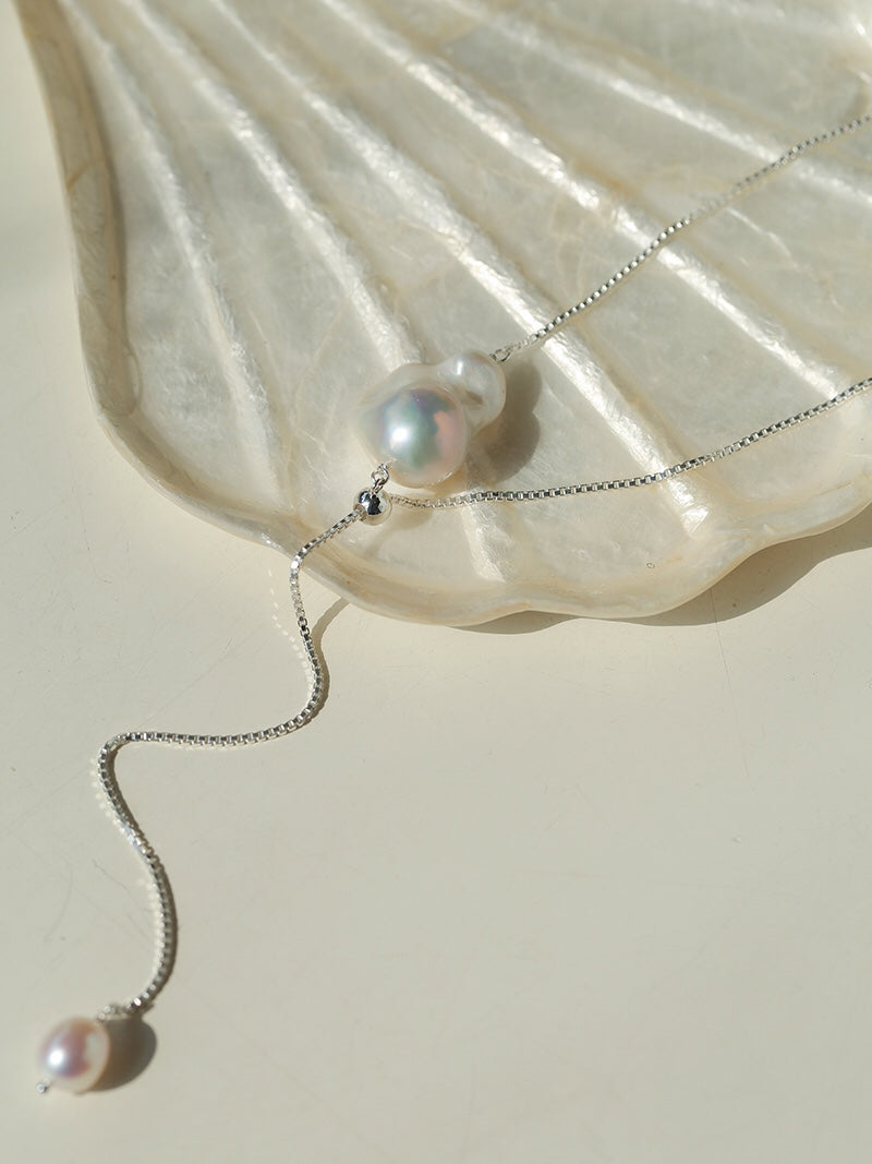 Natural Baroque Pearl Y Necklace, 925 Sterling Silver Lariat Necklace, Adjustable Snake Chain Minimalist Pearl Pendant Necklace for Women