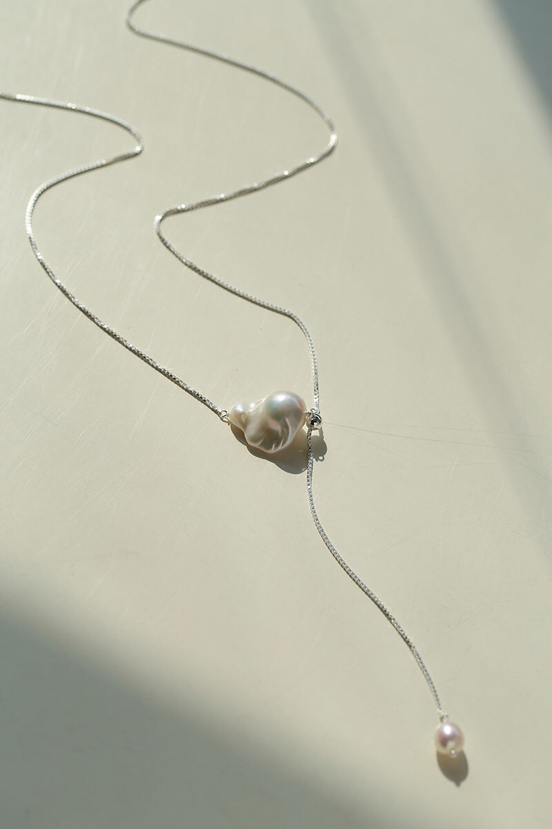 Natural Baroque Pearl Y Necklace, 925 Sterling Silver Lariat Necklace, Adjustable Snake Chain Minimalist Pearl Pendant Necklace for Women