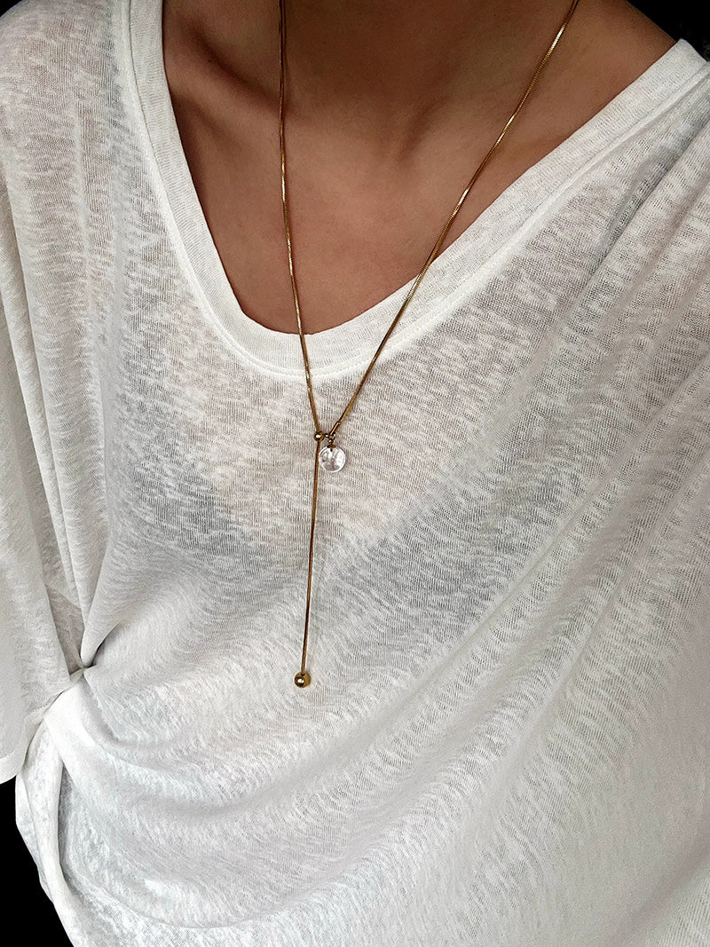 Adjustable Y Necklace with Crystal Pearl Pendant, Gold Silver Snake Chain Long Necklace, Sliding Clasp Minimalist Layering Jewelry for Women