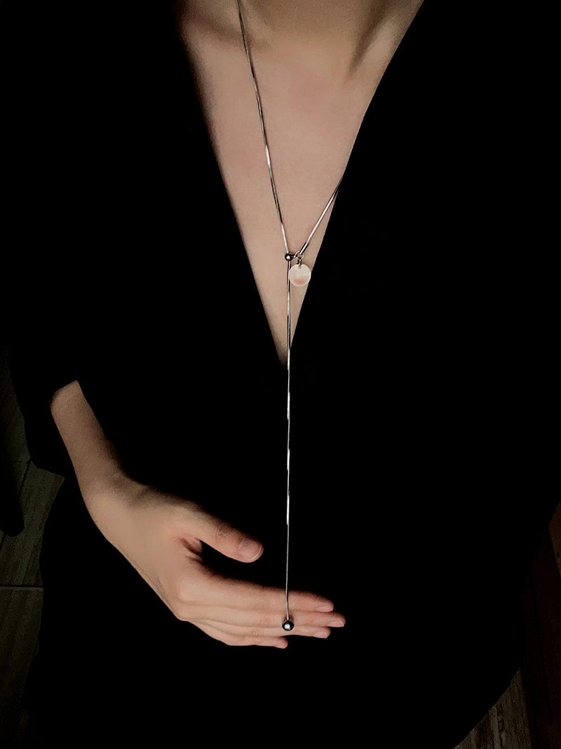 Adjustable Y Necklace with Crystal Pearl Pendant, Gold Silver Snake Chain Long Necklace, Sliding Clasp Minimalist Layering Jewelry for Women