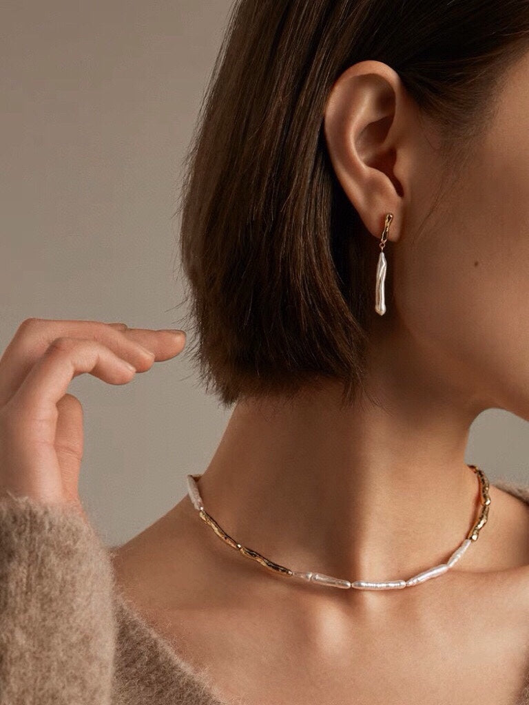Natural Baroque Pearl Necklace & Drop Earrings | Toothpick Pearl Jewelry Set