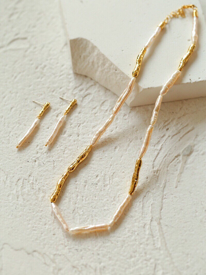 Natural Baroque Pearl Necklace & Drop Earrings | Toothpick Pearl Jewelry Set