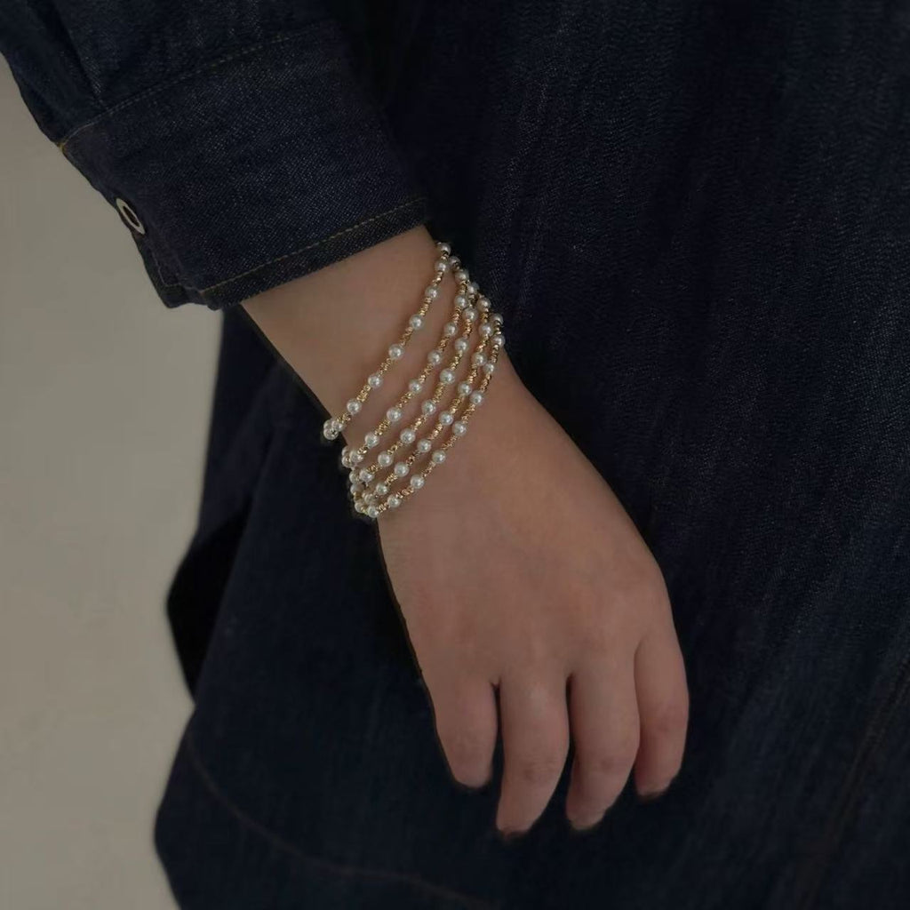 Freshwater Pearl Long Necklace with Gold Beads | Layering Wrap Necklace