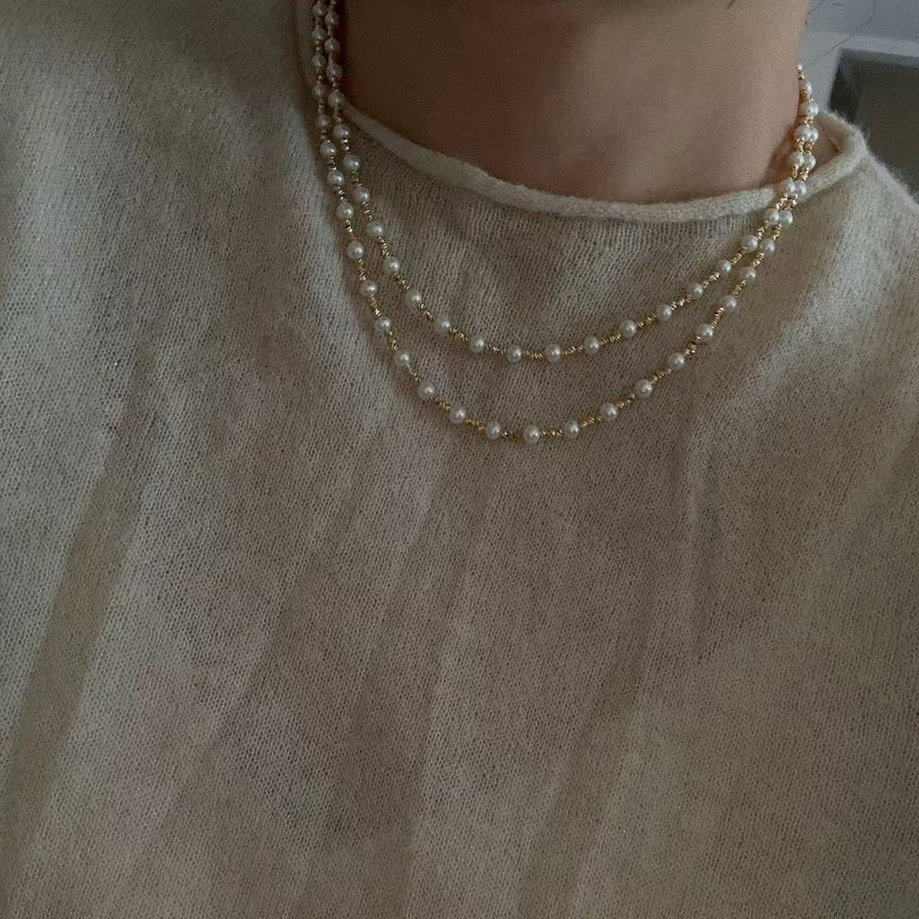 Freshwater Pearl Long Necklace with Gold Beads | Layering Wrap Necklace