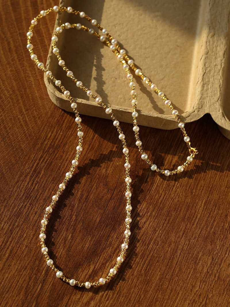 Freshwater Pearl Long Necklace with Gold Beads | Layering Wrap Necklace