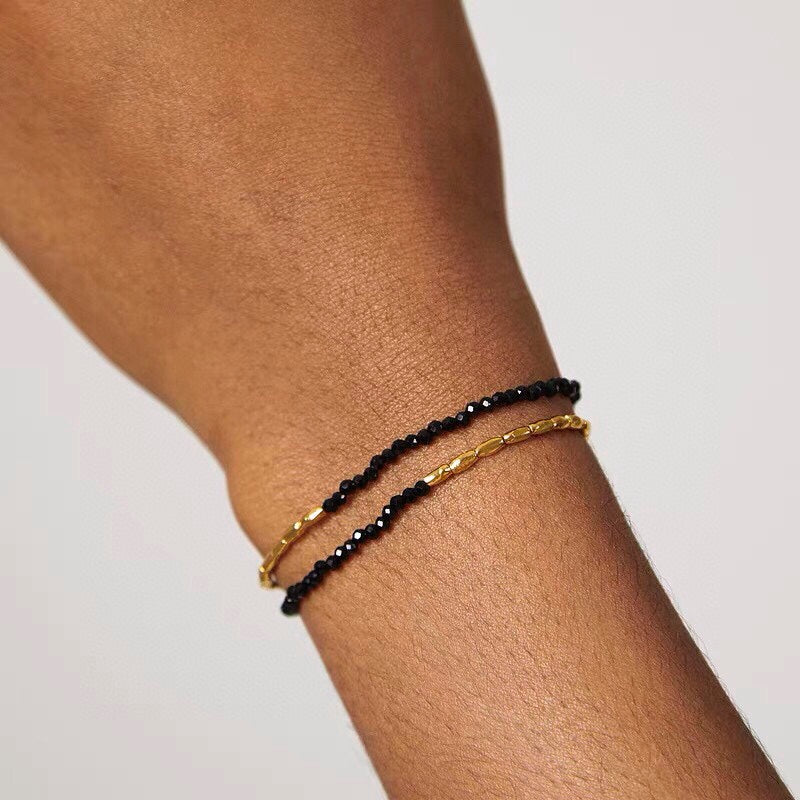 Mini Double Layer Beaded Bracelet | Freshwater Pearl, Red Agate, Green Agate & Black Spinel