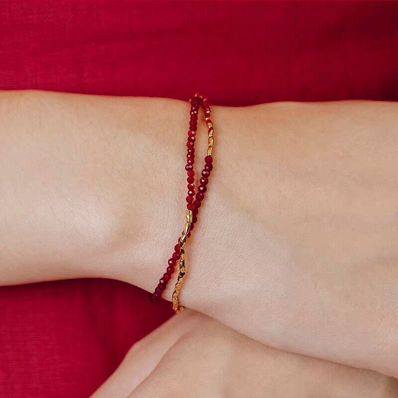 Mini Double Layer Beaded Bracelet | Freshwater Pearl, Red Agate, Green Agate & Black Spinel