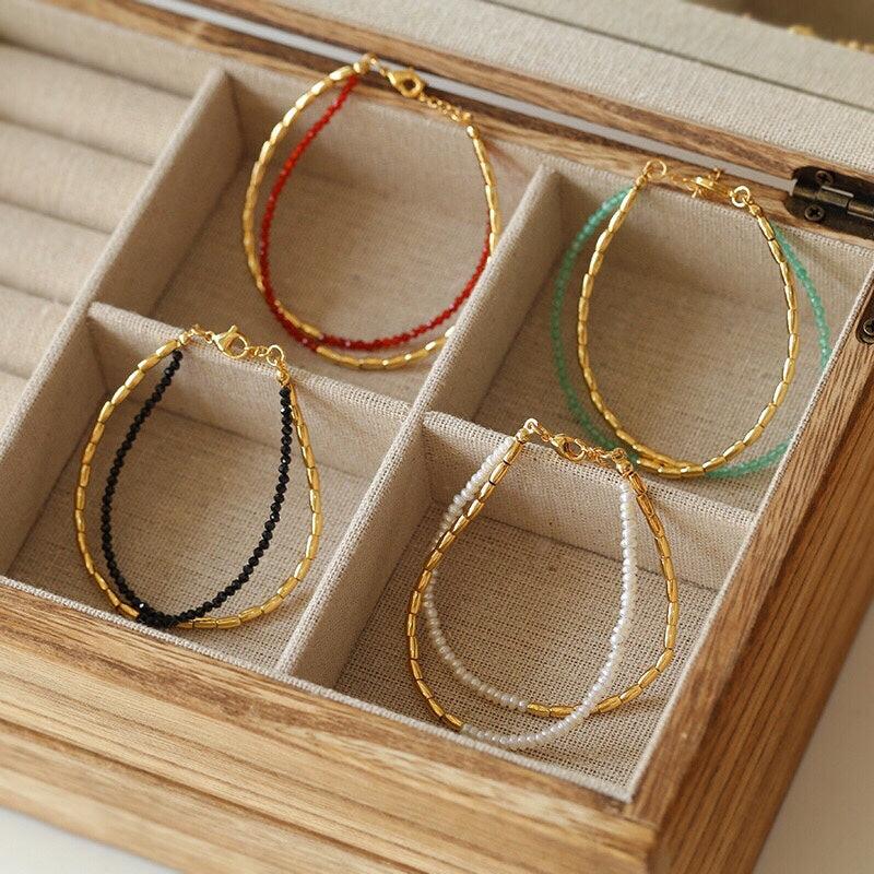 Mini Double Layer Beaded Bracelet | Freshwater Pearl, Red Agate, Green Agate & Black Spinel