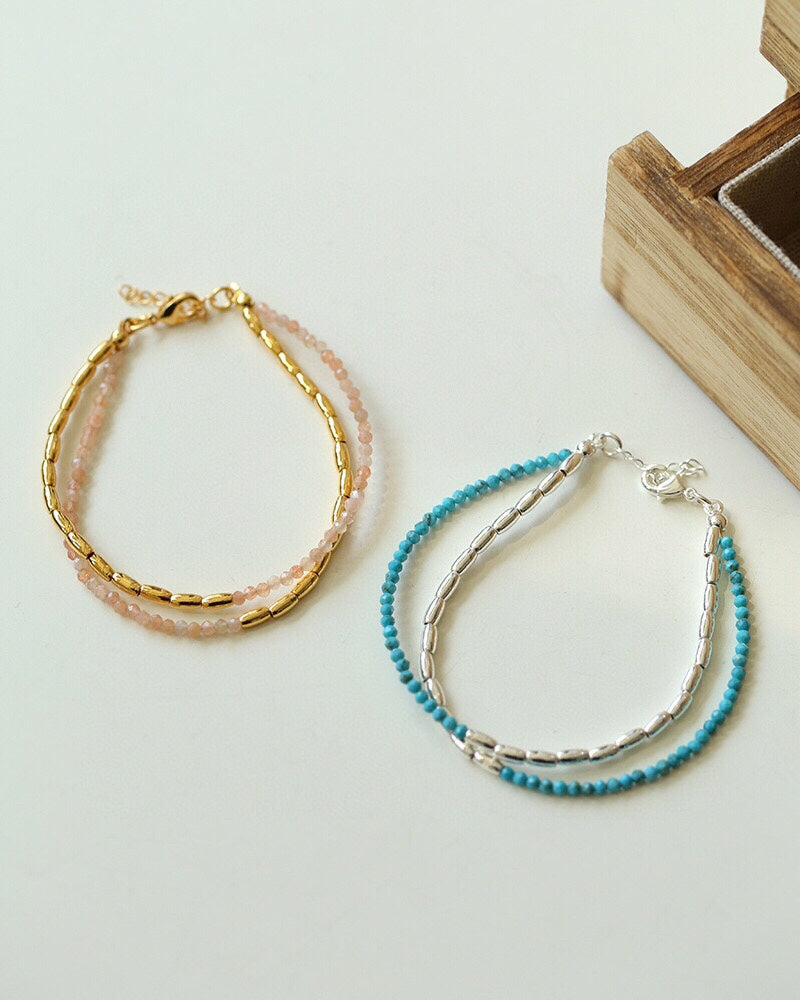 Mini Double Layer Beaded Bracelet | Freshwater Pearl, Red Agate, Green Agate & Black Spinel
