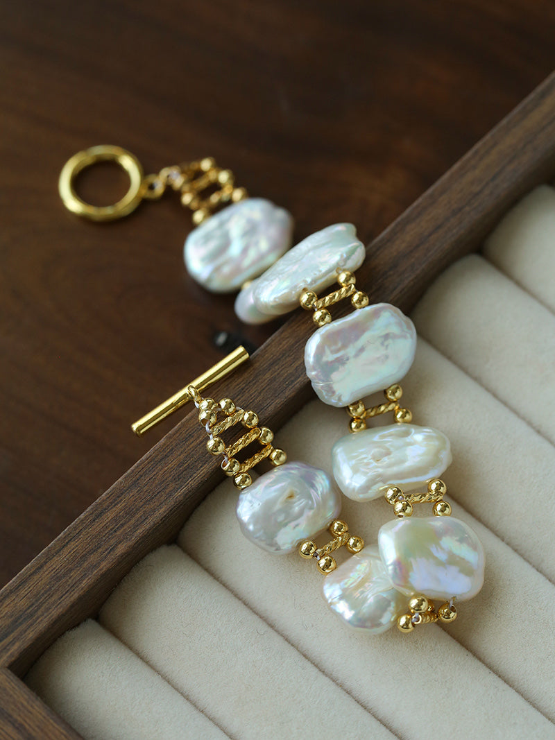 Vintage Baroque Pearl Bracelet – 18K Gold Plated Freshwater Pearl Statement Bracelet