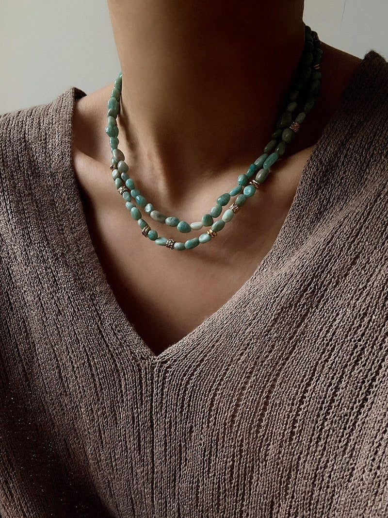 Natural Amazonite Double Layer Necklace – 18K Gold Plated Gemstone Bead Necklace