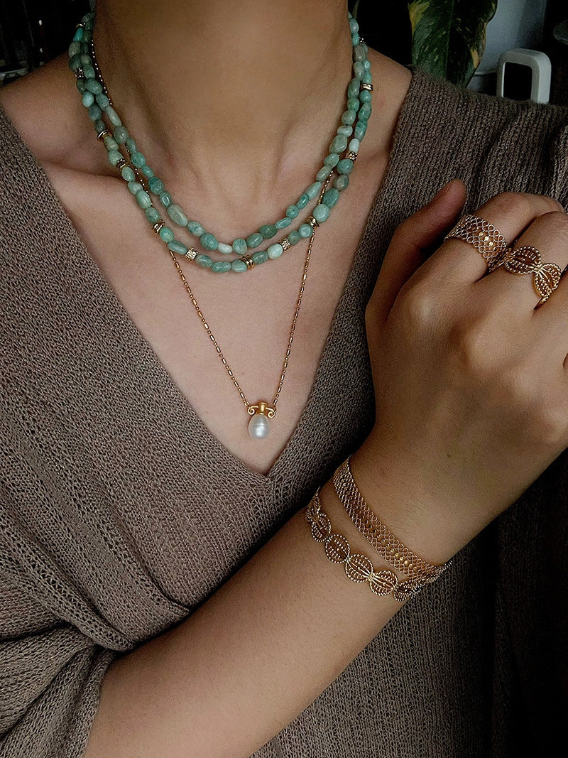 Natural Amazonite Double Layer Necklace – 18K Gold Plated Gemstone Bead Necklace