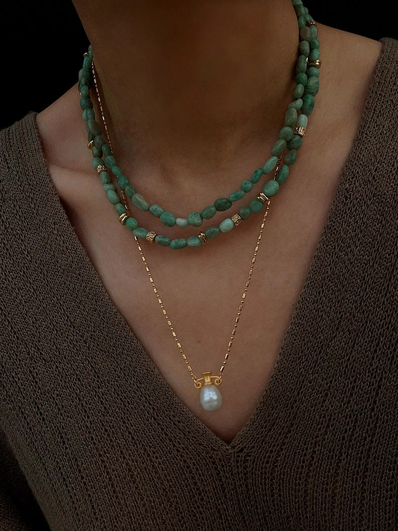 Natural Amazonite Double Layer Necklace – 18K Gold Plated Gemstone Bead Necklace