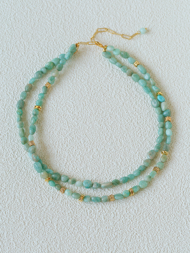 Natural Amazonite Double Layer Necklace – 18K Gold Plated Gemstone Bead Necklace