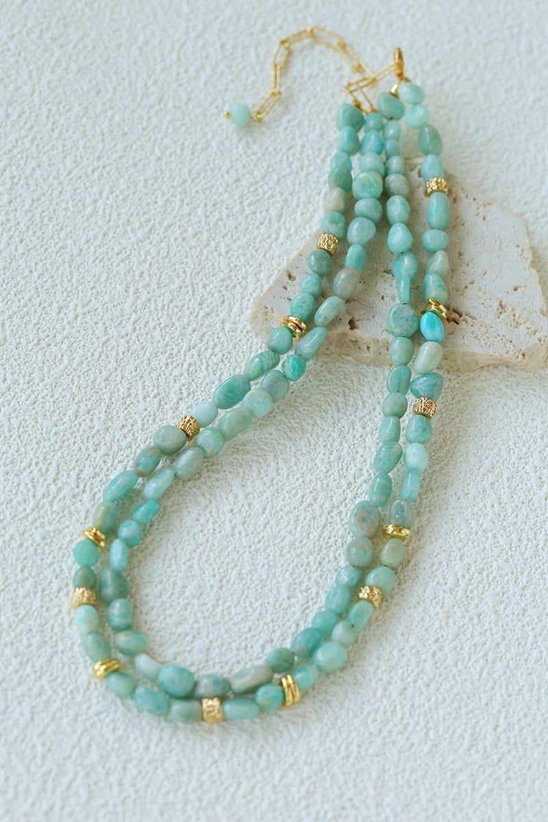 Natural Amazonite Double Layer Necklace – 18K Gold Plated Gemstone Bead Necklace