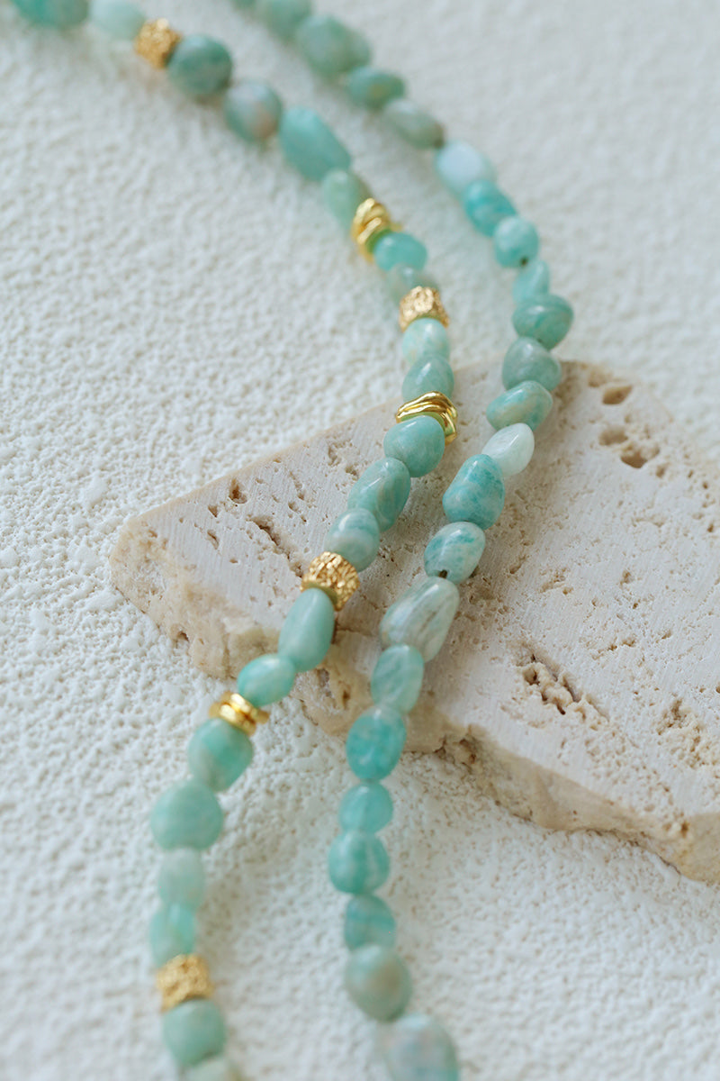 Natural Amazonite Double Layer Necklace – 18K Gold Plated Gemstone Bead Necklace