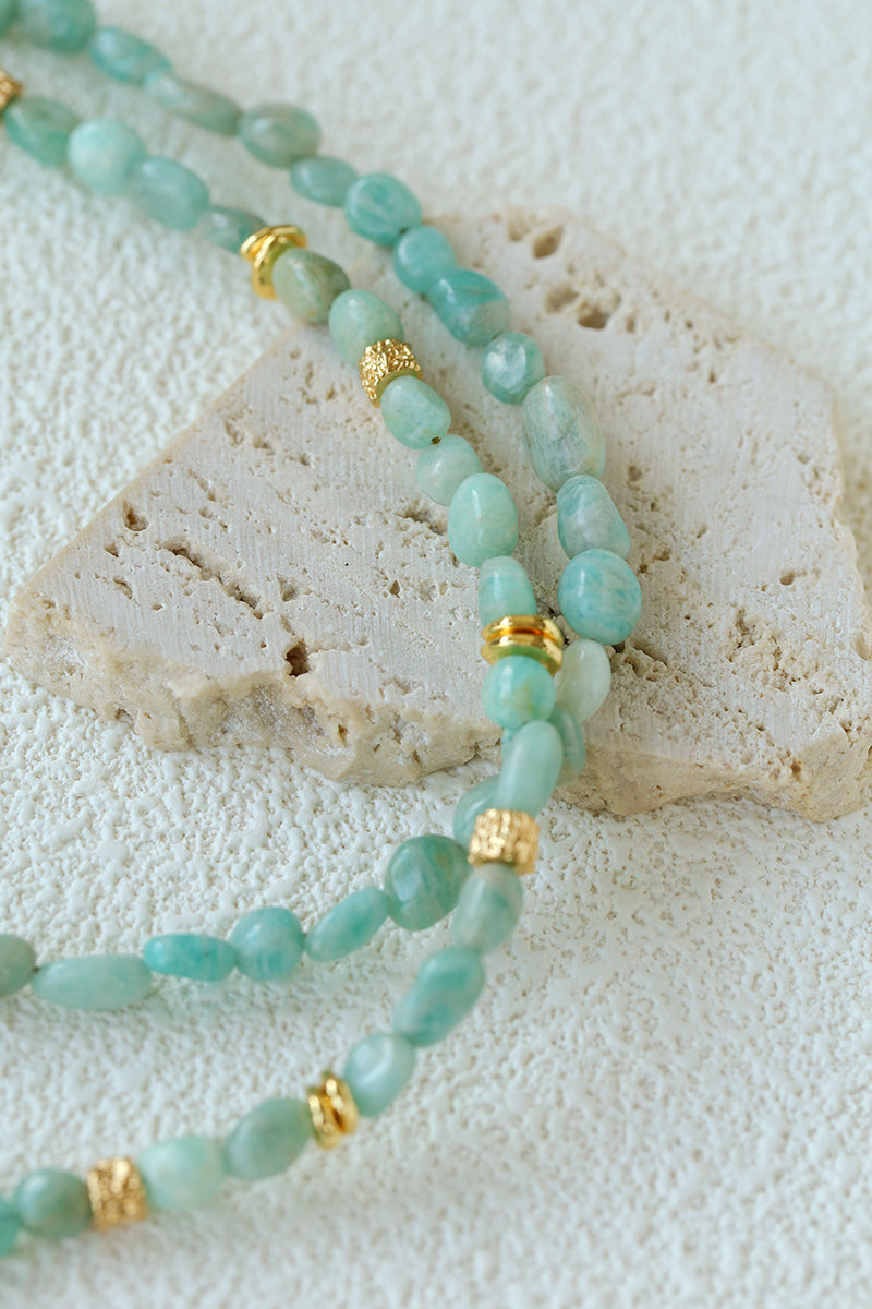 Natural Amazonite Double Layer Necklace – 18K Gold Plated Gemstone Bead Necklace
