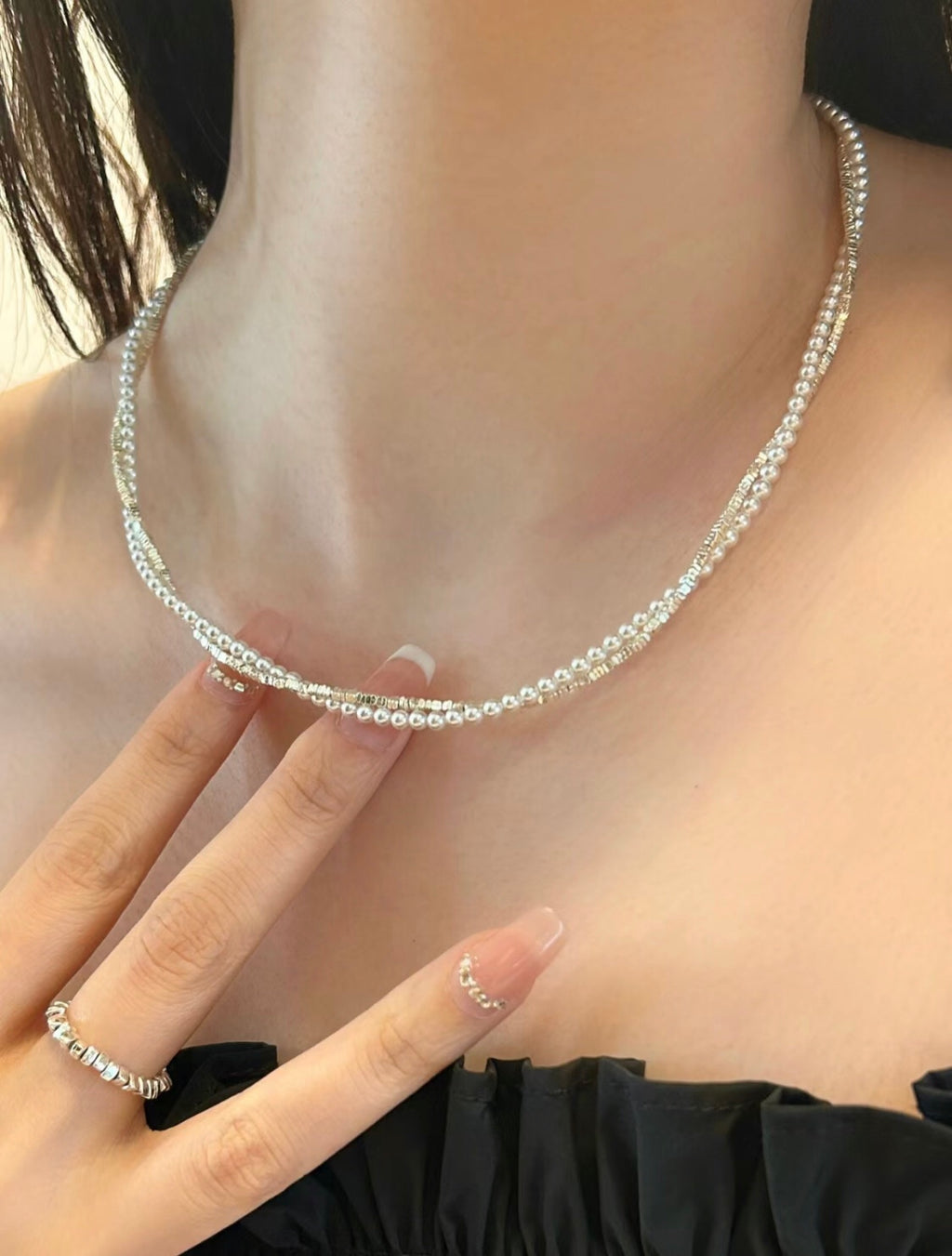 Hammered Silver & Freshwater Pearl Jewelry Set – Double Layer Pearl Necklace and Bracelet