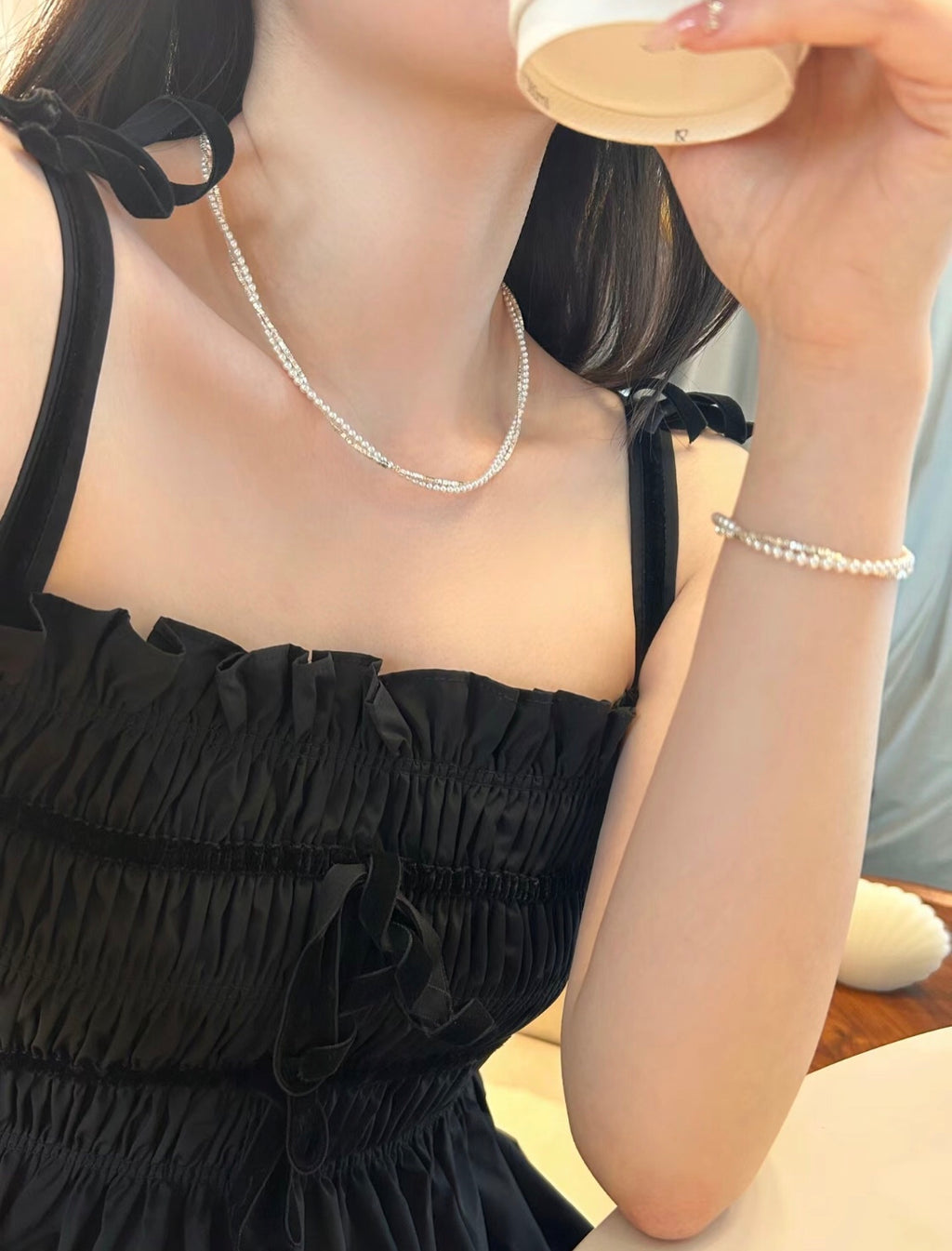 Hammered Silver & Freshwater Pearl Jewelry Set – Double Layer Pearl Necklace and Bracelet