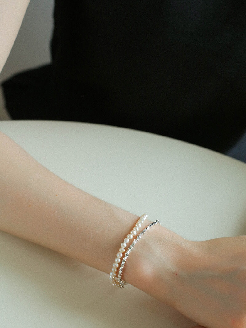 Hammered Silver & Freshwater Pearl Jewelry Set – Double Layer Pearl Necklace and Bracelet