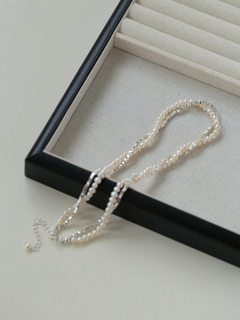 Hammered Silver & Freshwater Pearl Jewelry Set – Double Layer Pearl Necklace and Bracelet