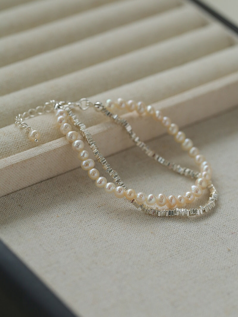 Hammered Silver & Freshwater Pearl Jewelry Set – Double Layer Pearl Necklace and Bracelet