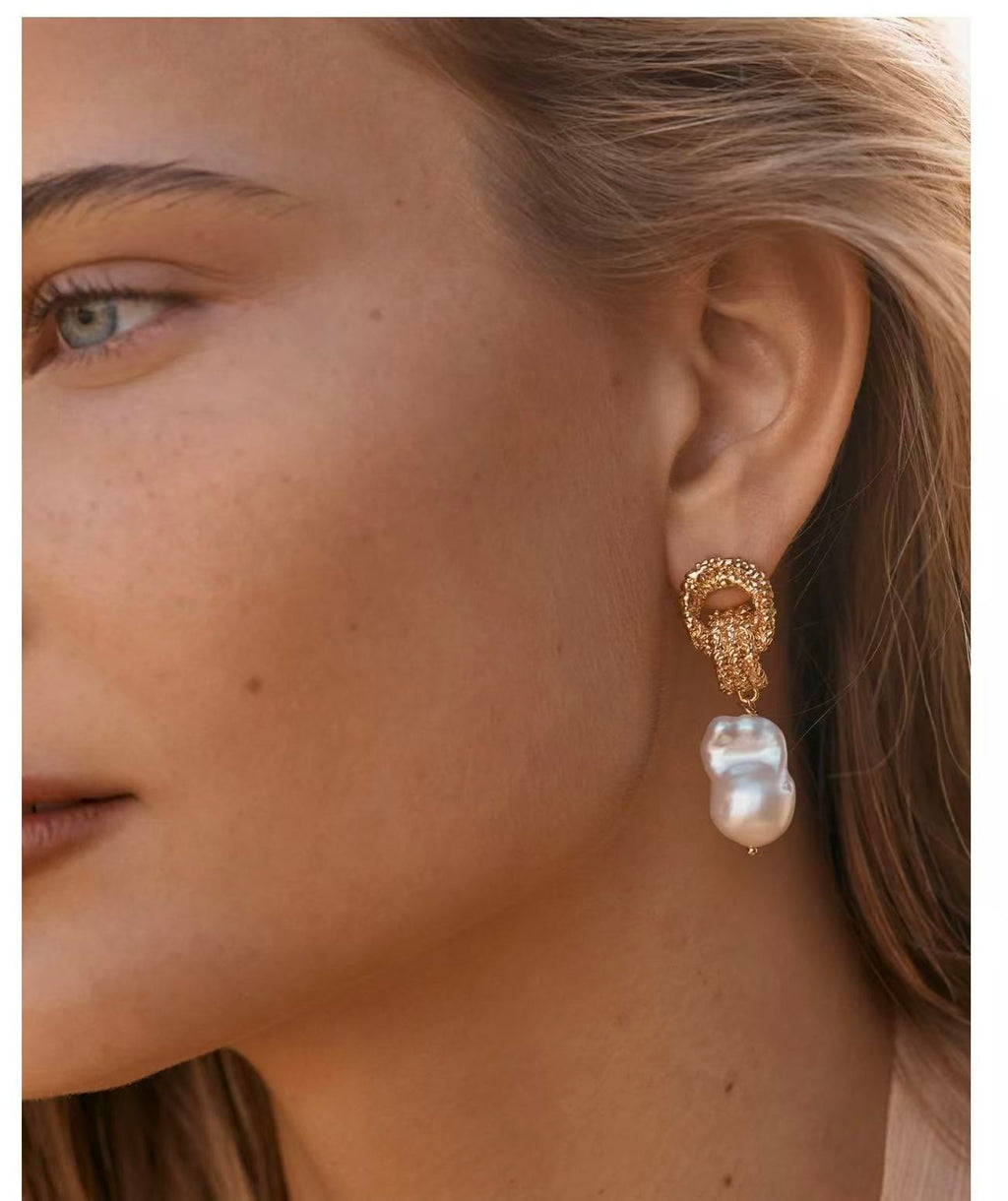 Lava Textured Baroque Pearl Drop Earrings – 18K Gold Plated Freshwater Pearl Statement Earrings