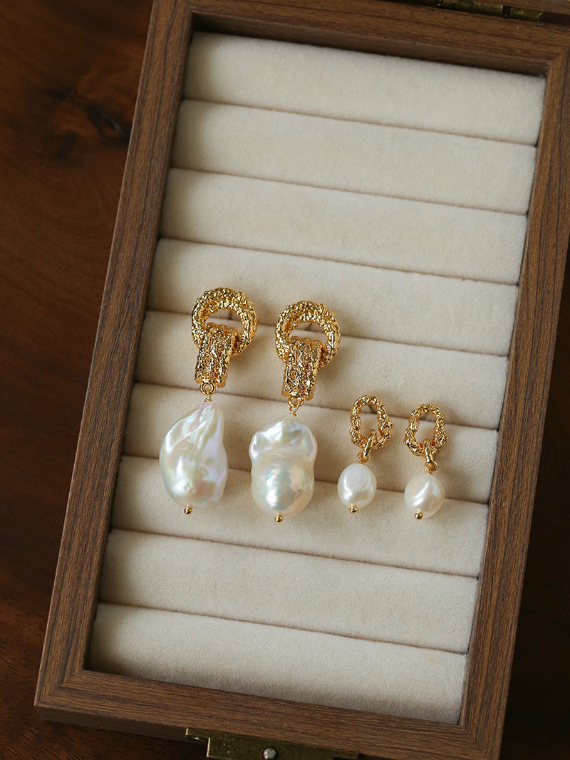 Lava Textured Baroque Pearl Drop Earrings – 18K Gold Plated Freshwater Pearl Statement Earrings