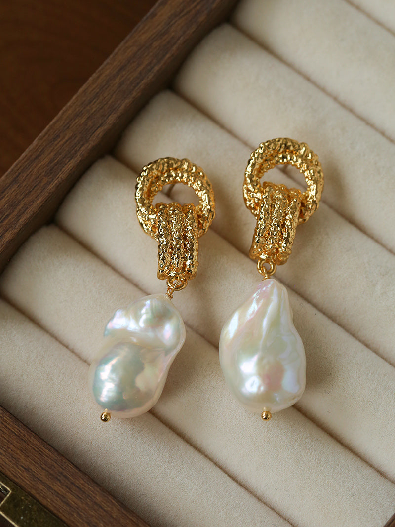 Lava Textured Baroque Pearl Drop Earrings – 18K Gold Plated Freshwater Pearl Statement Earrings