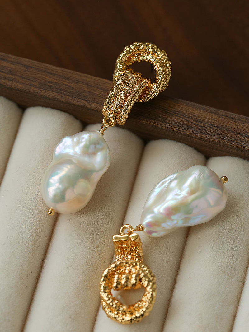 Lava Textured Baroque Pearl Drop Earrings – 18K Gold Plated Freshwater Pearl Statement Earrings