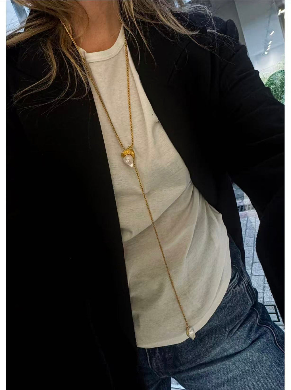 Double Baroque Pearl Y Necklace – Adjustable Long Freshwater Pearl Lariat Necklace with 18K Gold Finish