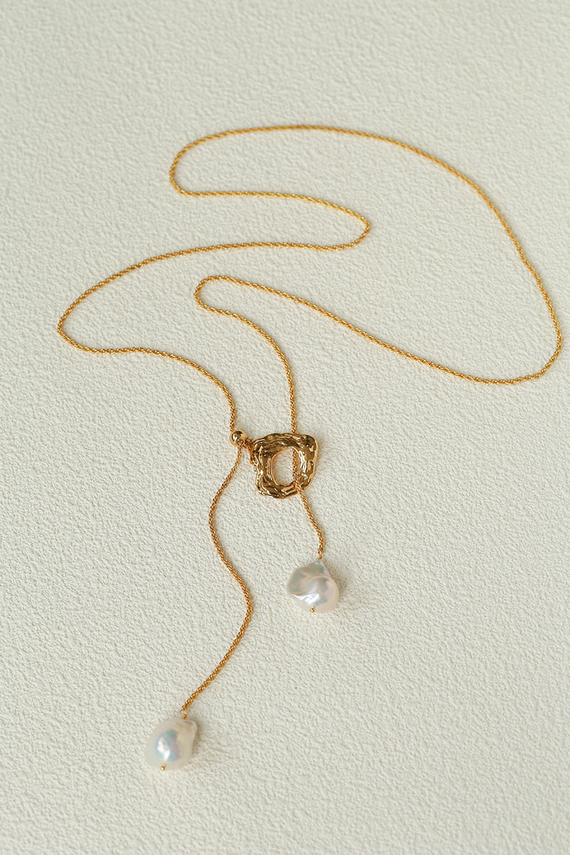 Double Baroque Pearl Y Necklace – Adjustable Long Freshwater Pearl Lariat Necklace with 18K Gold Finish