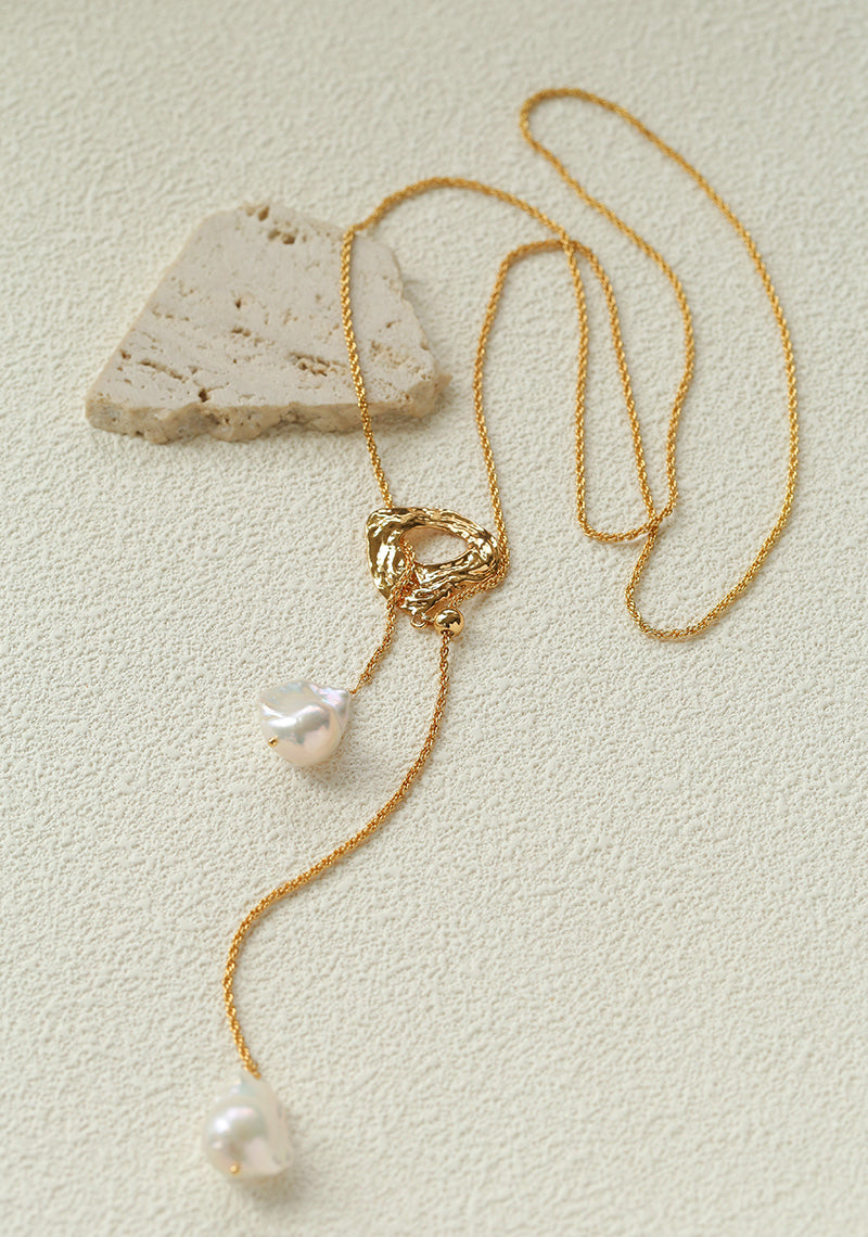 Double Baroque Pearl Y Necklace – Adjustable Long Freshwater Pearl Lariat Necklace with 18K Gold Finish