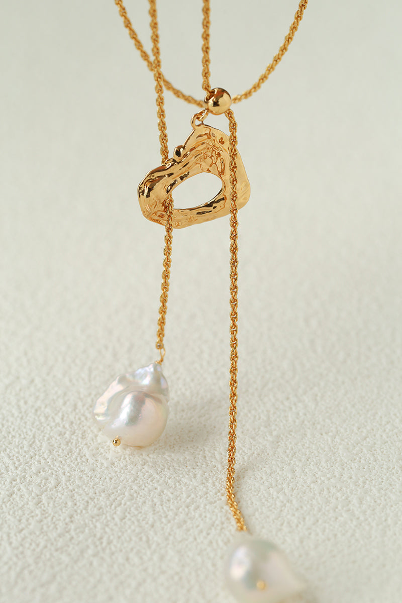 Double Baroque Pearl Y Necklace – Adjustable Long Freshwater Pearl Lariat Necklace with 18K Gold Finish