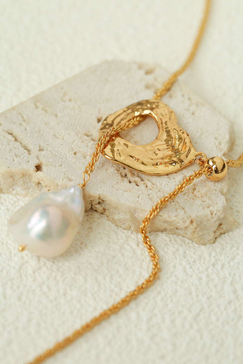 Double Baroque Pearl Y Necklace – Adjustable Long Freshwater Pearl Lariat Necklace with 18K Gold Finish
