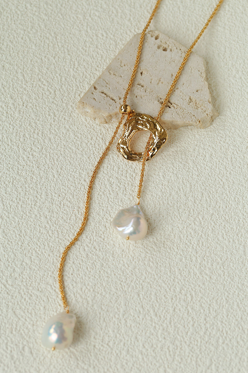Double Baroque Pearl Y Necklace – Adjustable Long Freshwater Pearl Lariat Necklace with 18K Gold Finish
