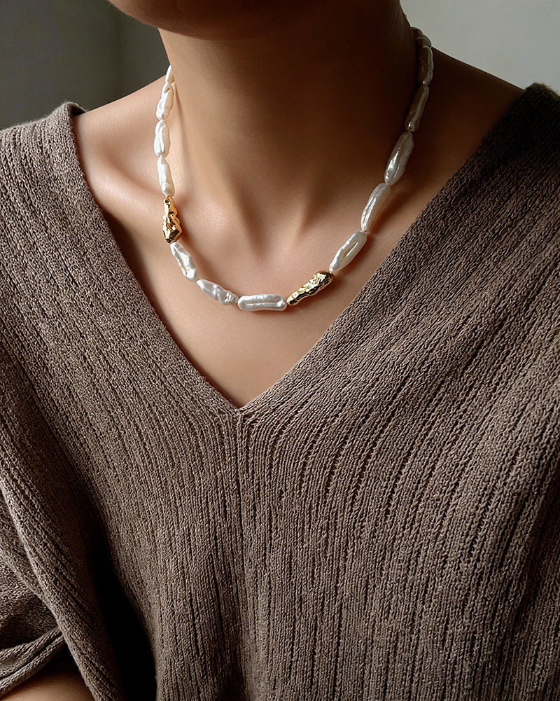 Long Drop Baroque Pearl Necklace – Natural Freshwater Pearl Statement Necklace with Gold Beads