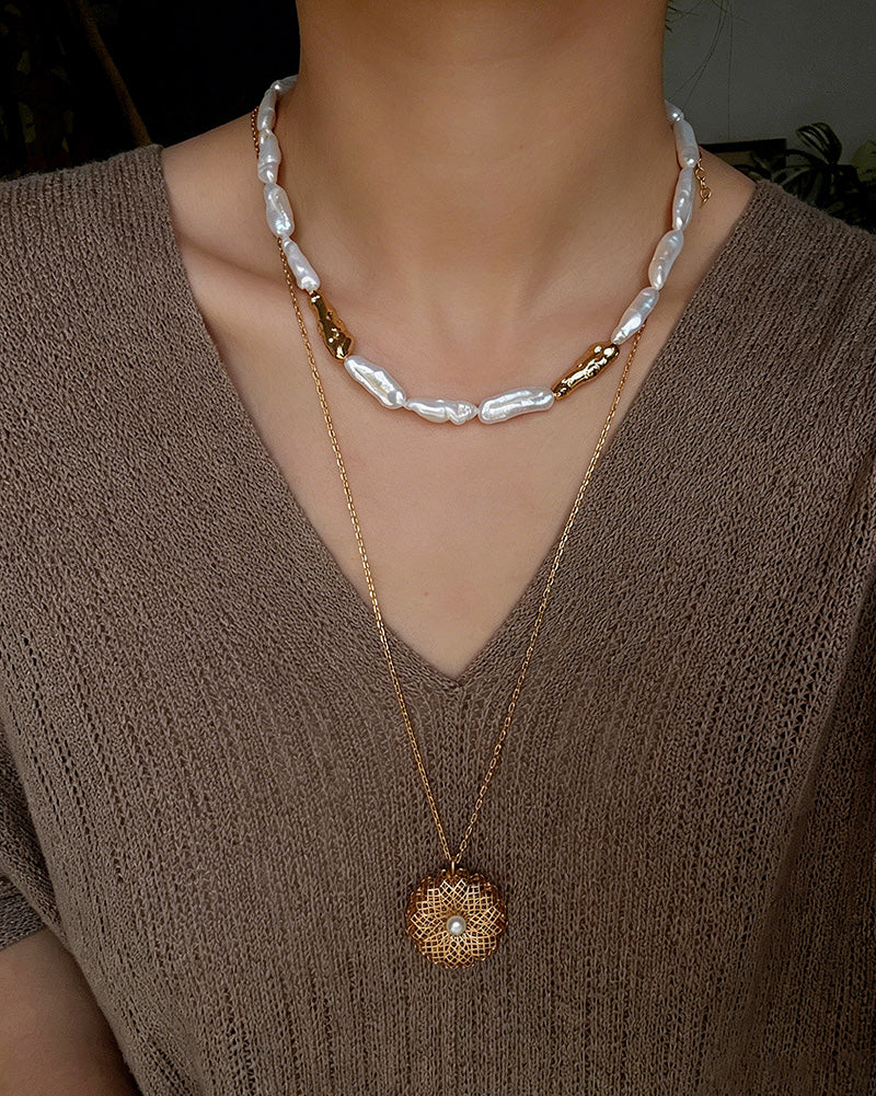 Long Drop Baroque Pearl Necklace – Natural Freshwater Pearl Statement Necklace with Gold Beads