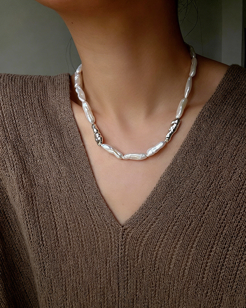 Long Drop Baroque Pearl Necklace – Natural Freshwater Pearl Statement Necklace with Gold Beads