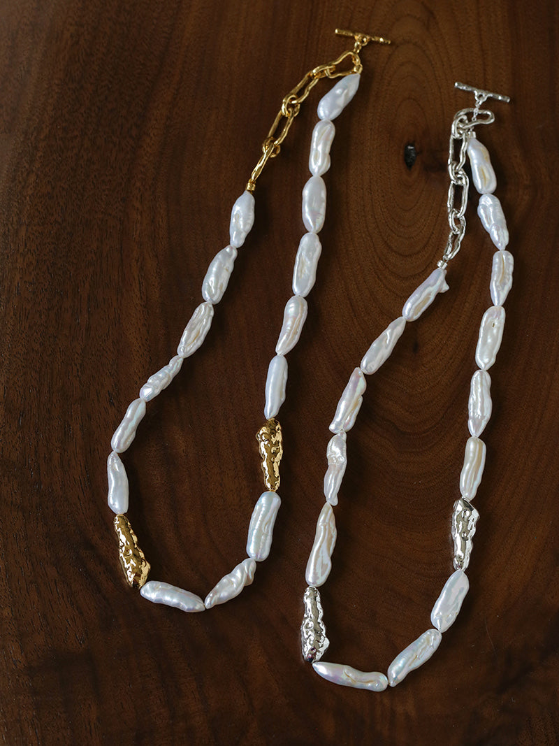 Long Drop Baroque Pearl Necklace – Natural Freshwater Pearl Statement Necklace with Gold Beads
