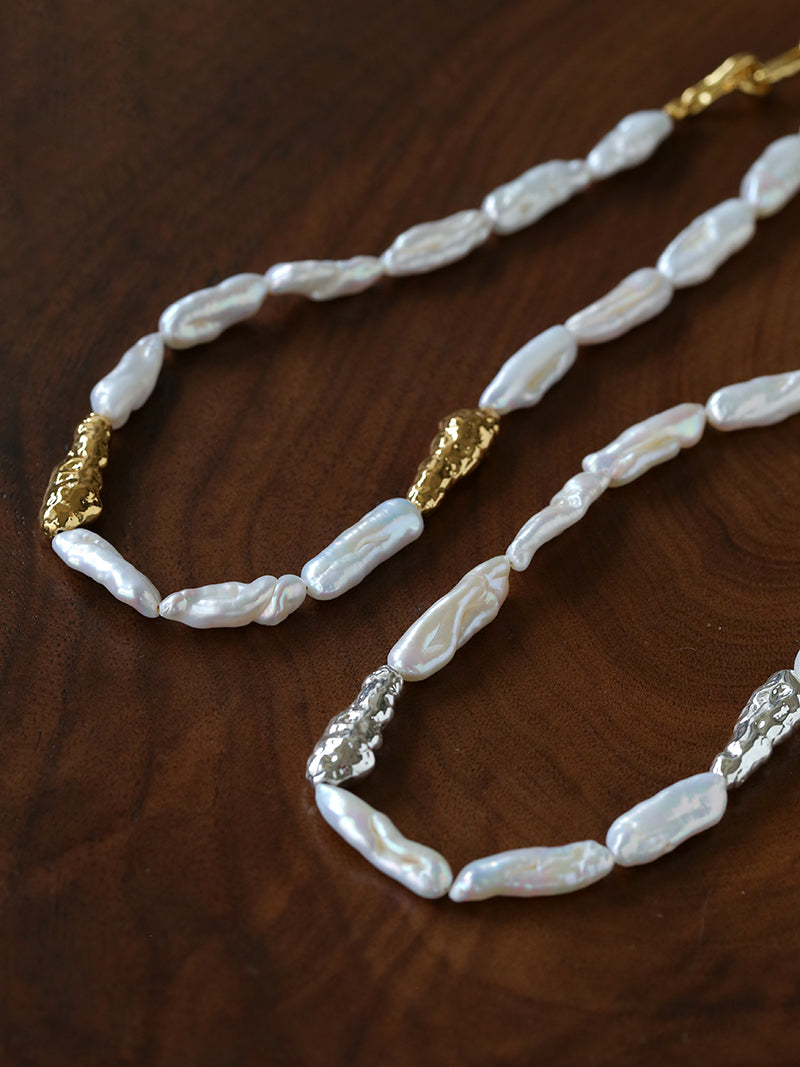 Long Drop Baroque Pearl Necklace – Natural Freshwater Pearl Statement Necklace with Gold Beads