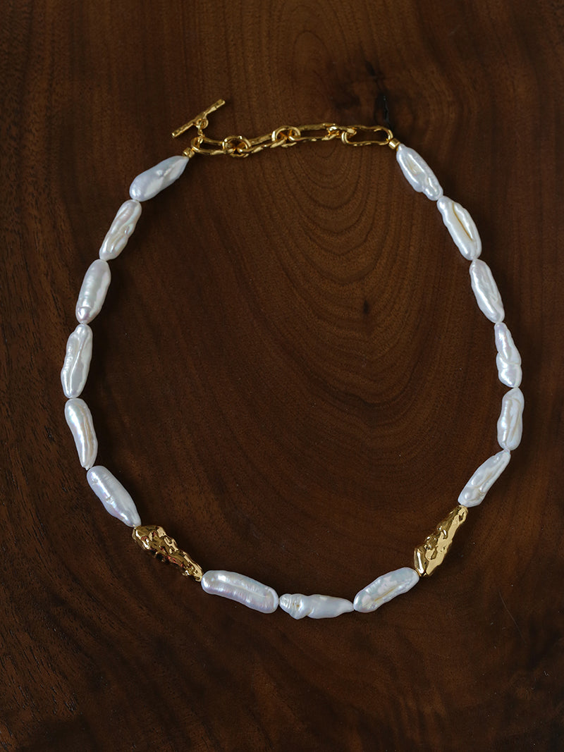 Long Drop Baroque Pearl Necklace – Natural Freshwater Pearl Statement Necklace with Gold Beads