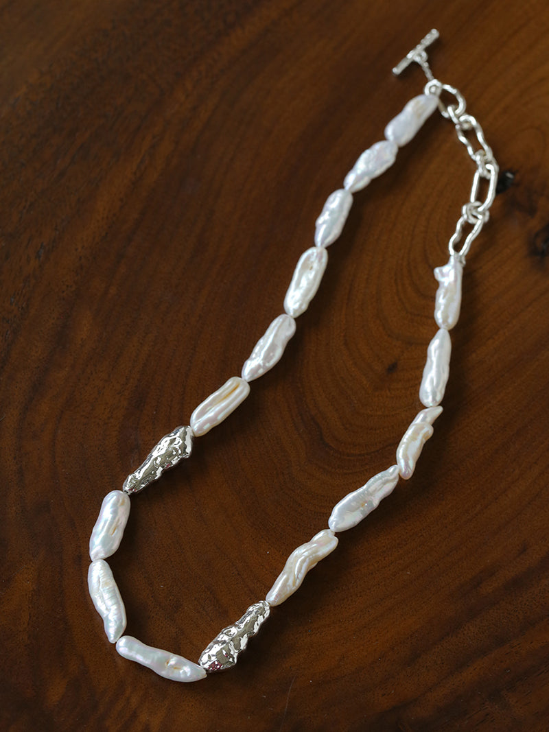 Long Drop Baroque Pearl Necklace – Natural Freshwater Pearl Statement Necklace with Gold Beads