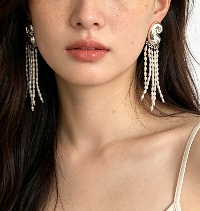 Seashell Tassel Drop Earrings | Freshwater Pearl or Crystal Tassel | Silver-Plated S925 Posts